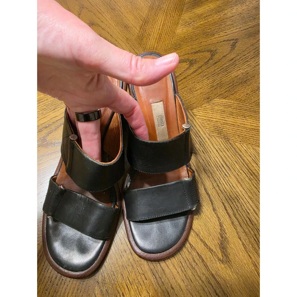 Miista London Black Leather Two Strap Block Heel Slide Sandals Size 38 Spain